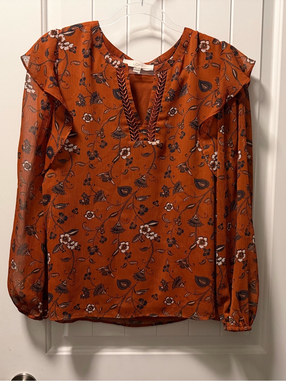 LOFT Rust Orange Floral Ruffle V-Neck Blouse